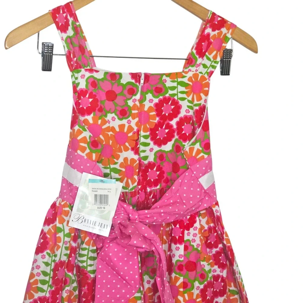 Bonnie Jean Girls Floral Pink Orange Polka Dot Bow Party Dress Size 16 NWT